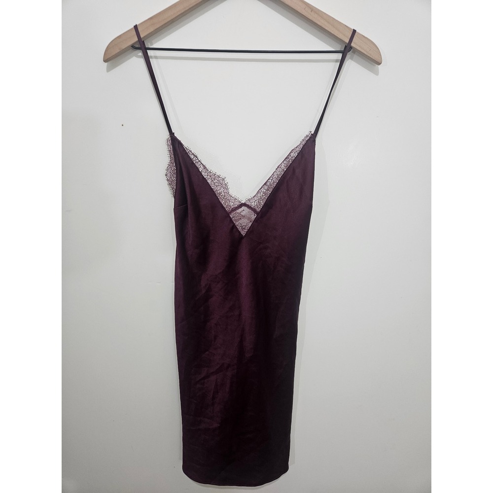 Victorias Secret Plum Purple Satin Lace Trim Strappy Back Slip Dress Size Medium